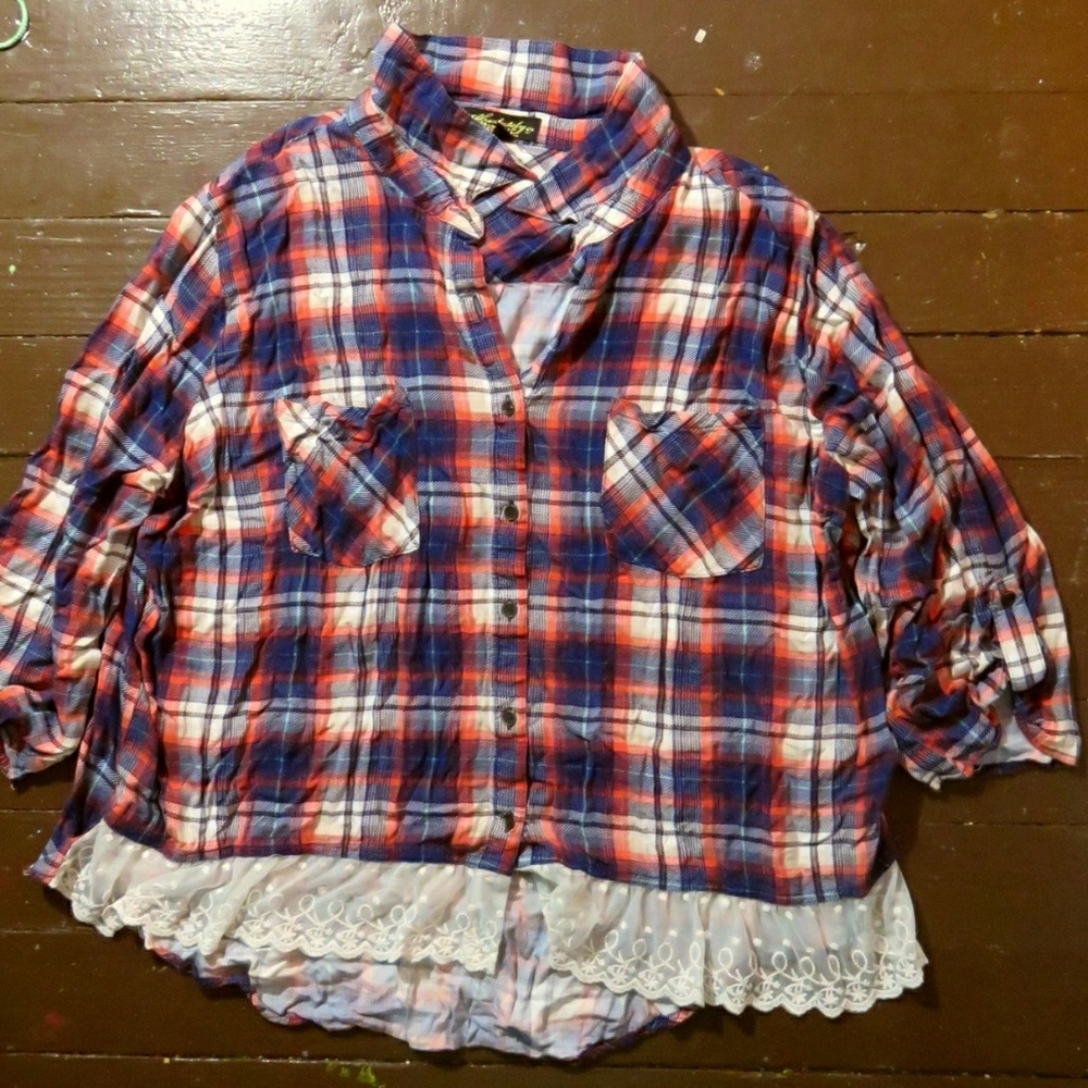 Plus Size Plaid Shirt With Lace